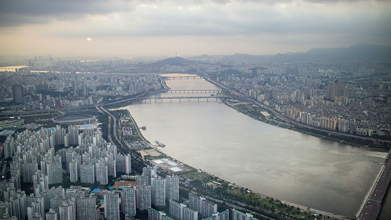 city seen from above with river