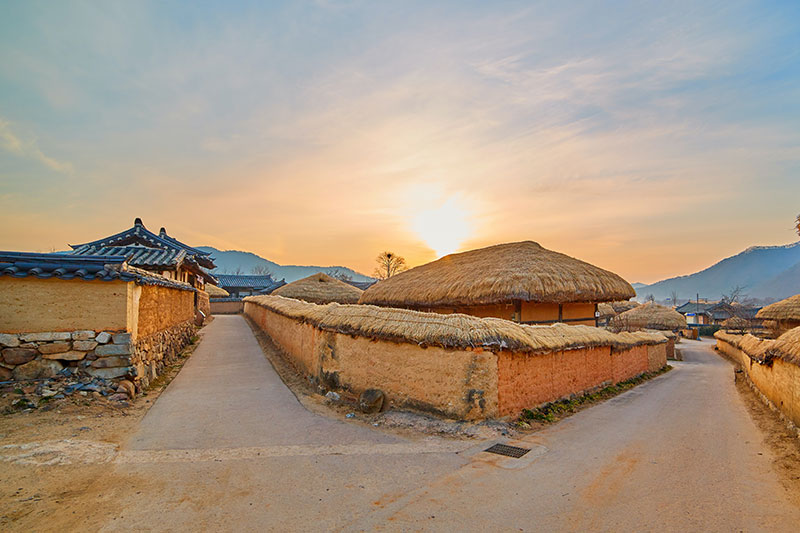 thatched-roof buildings in village