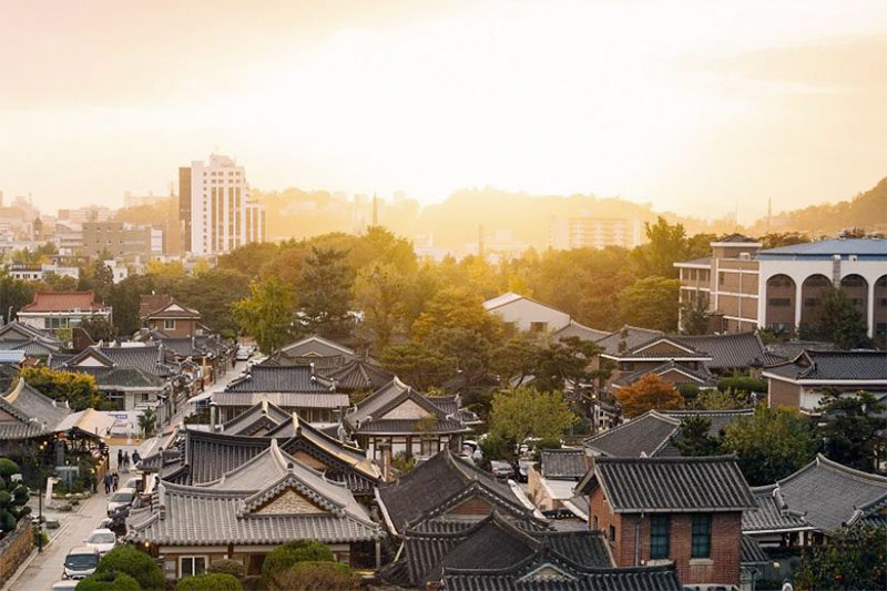 city scene with pagoda roofs