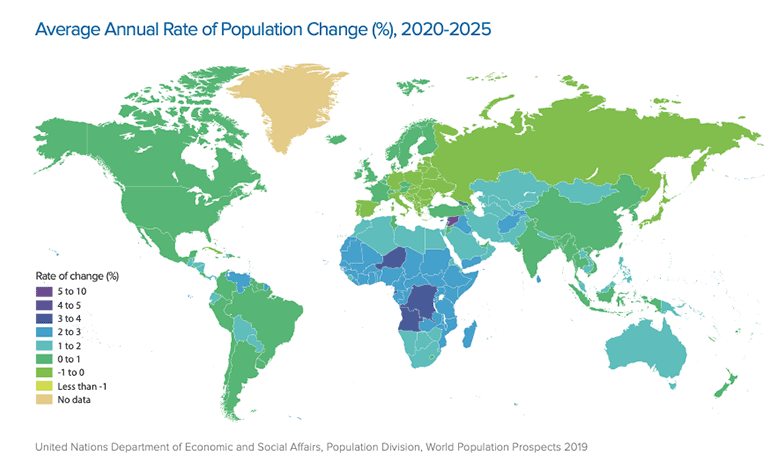 map of the world with average annual rate of population change