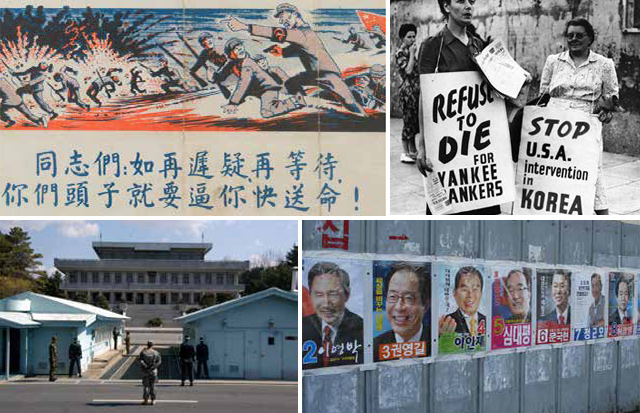 South Korean poster 1952; Daily Worker sellers protest 1950; N-S Korean border today; S Korean elections 2007