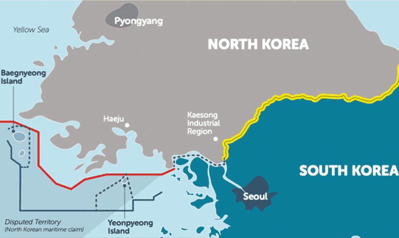 map showing disputed territory between South and North Korea